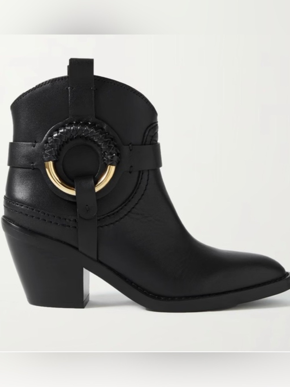 See By Chloe Black Leather Ankle Boot with Gold Ring Detail